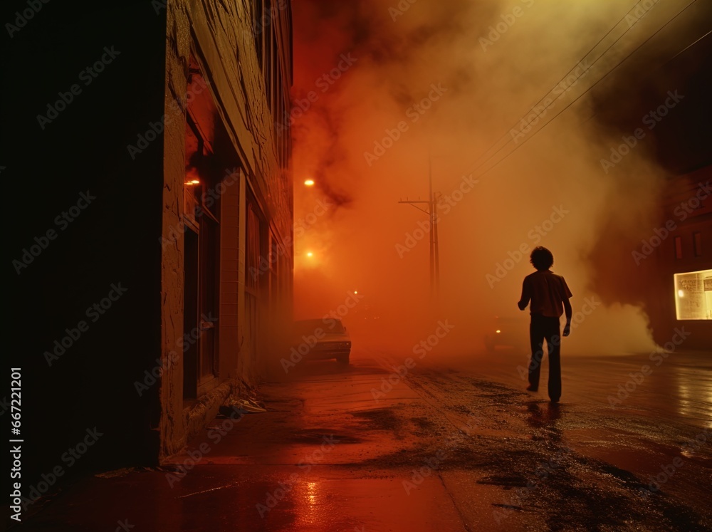 Fototapeta premium Silhouette of a mysterious person walking on a foggy, dimly lit street at night. Great for stories about crime, suspense, horror, loneliness, mystery, horror and more. 