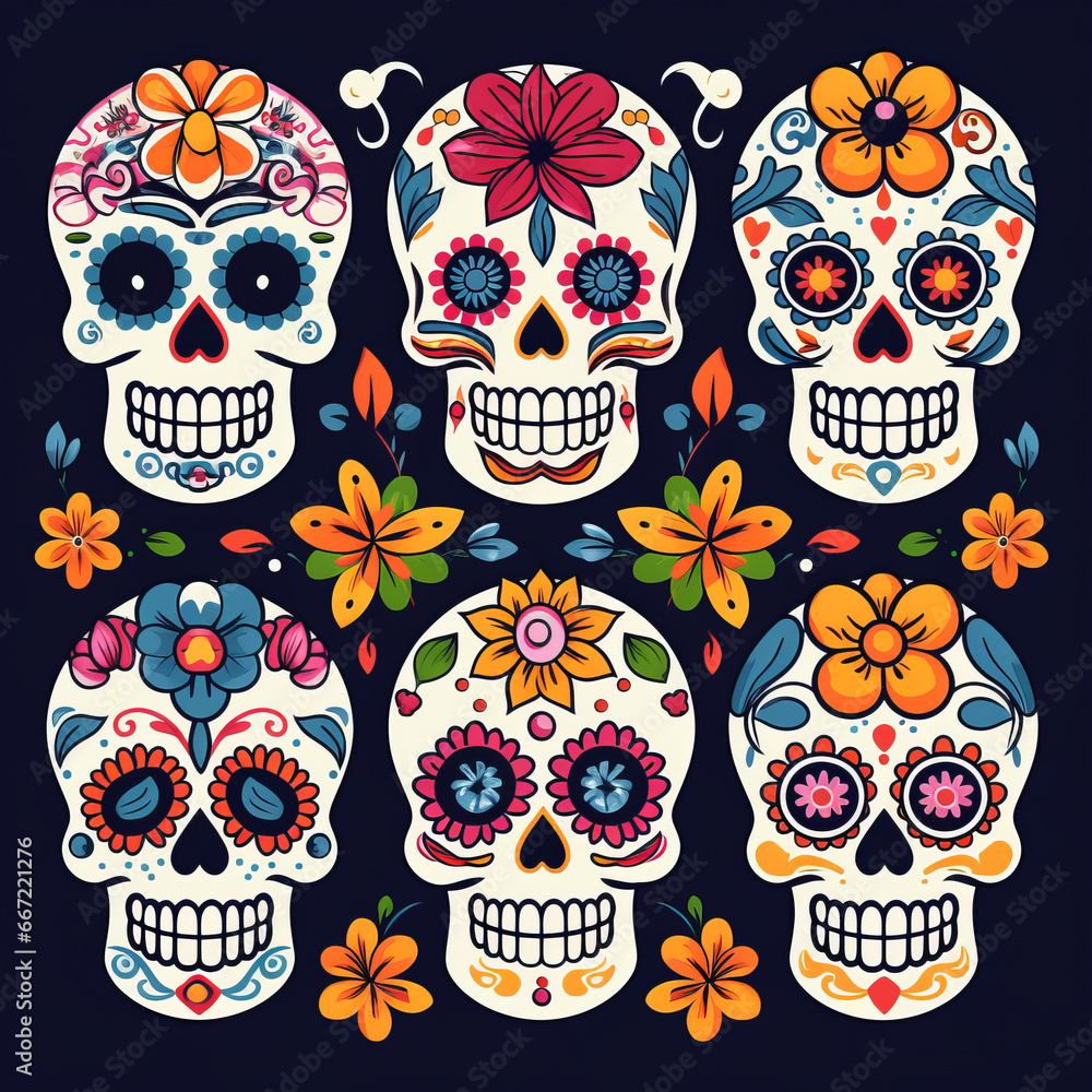 Day of the Dead card in flat style. Human skull with bright colors. Day of the Dead card in flat style. Human skull with bright colors.
