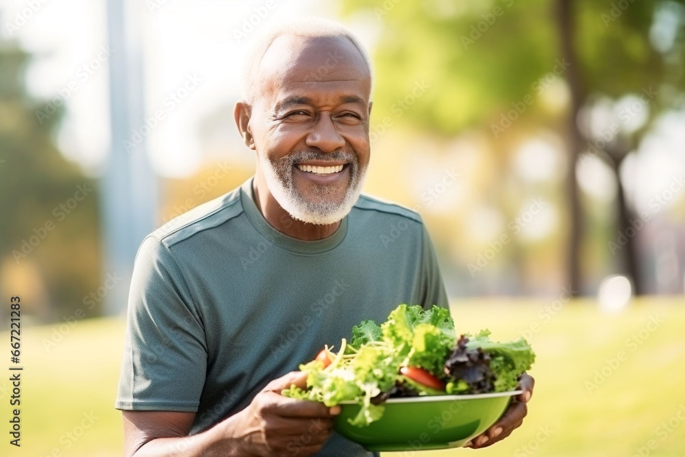 African old man eating healthy salad after exercising in the park in sportswear during the day African old man eating healthy salad after exercising in the park in sportswear during the day