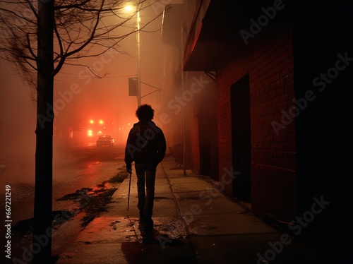 Silhouette of a mysterious person walking on a foggy, dimly lit street at night. Great for stories about crime, suspense, horror, loneliness, mystery, horror and more.