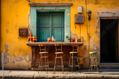 typical mexican village street, yellow with flowers on the façades