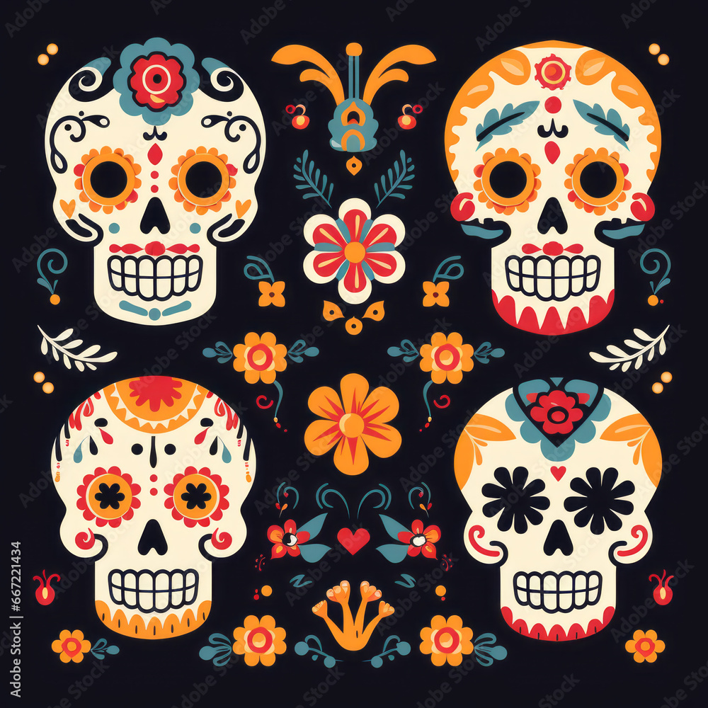 Day of the Dead card in flat style. Human skull with bright colors. Day of the Dead card in flat style. Human skull with bright colors.