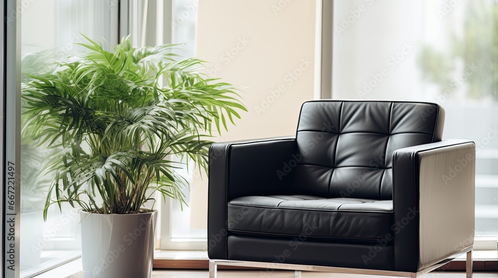 Black leather armchair, contemporary design. Black leather armchair, contemporary design.