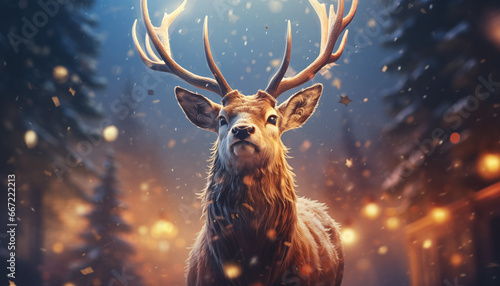 Portrait of Rudolph the Red-Nosed Reindeer in a Christmas Landscape with Festive Atmosphere