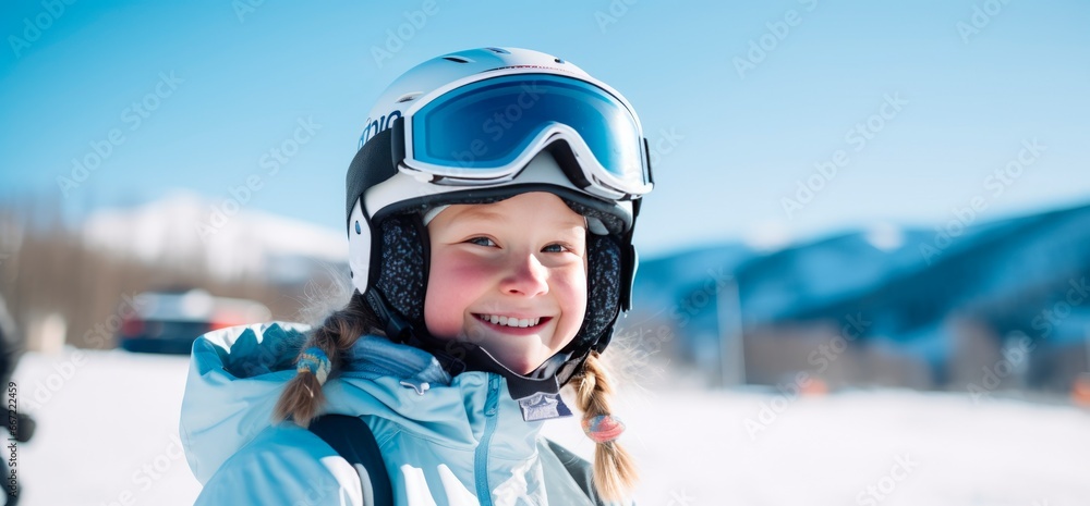 a girl wearing ski gear on a snowy mountain, copy space for text, banner background, sport winter adventure concept a girl wearing ski gear on a snowy mountain, copy space for text, banner background, sport winter adventure concept