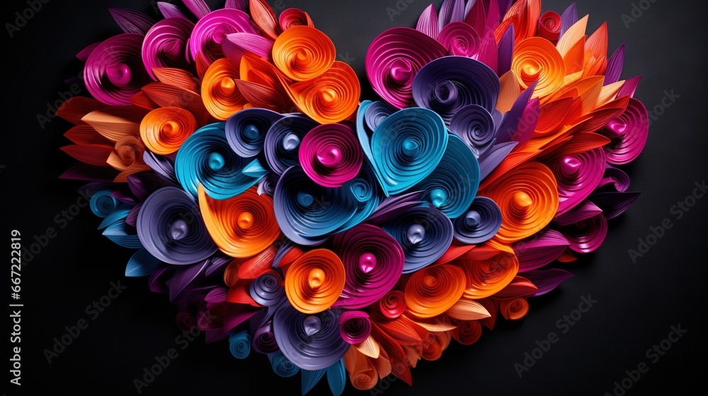 a heart made of colorful paper flowers on a black background. generative ai a heart made of colorful paper flowers on a black background. generative ai
