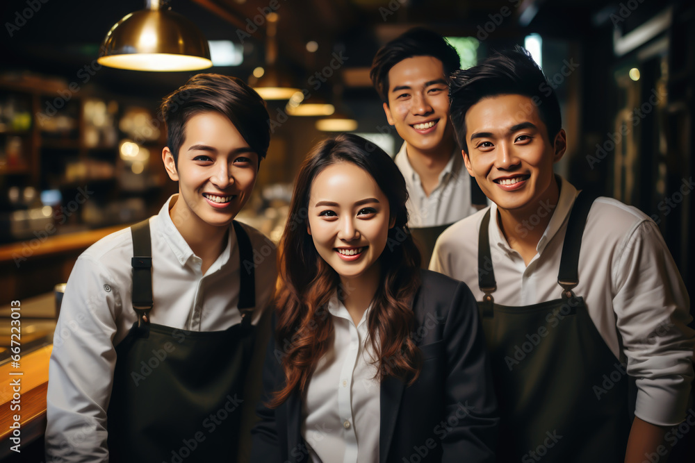 Obraz premium portrait of four members of a restaurant team, manager and workers
