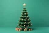 Christmas Tree Mockup Closeup isolated on green background. Christmas Eve with gift boxes. Winter traditional holidays. Merry Christmas and Happy New Year concept
