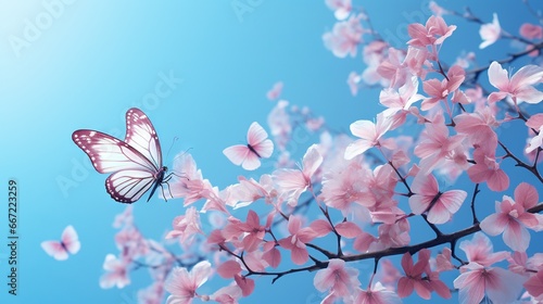  a butterfly flying over a tree filled with pink flowers on a sunny day.  generative ai © Shanti