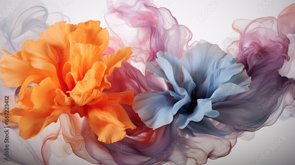 Fototapeta premium a group of colorful flowers floating in the air with a white background. generative ai