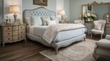 Bedroom decor, home interior design . Traditional French Country style with Headboard decorated with Wood and Wicker material . Generative AI AIG26.