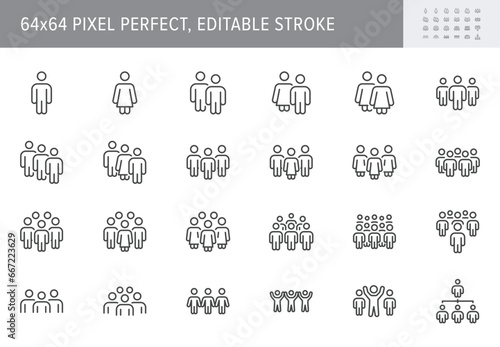People group line icons. Vector illustration include icon - work, person, team, employee, leadership, community, crowd, discussion outline pictogram for teamwork. 64x64 Pixel Perfect, Editable Stroke