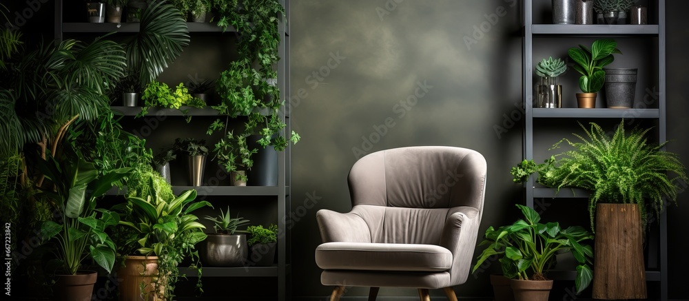 Green plants and white shelving fill the interior of a photo studio with a gray armchair