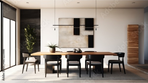 Interior design inspiration of Contemporary Minimalist style home dining room loveliness decorated with Wood and Metal material and Geometric Pendant Light .Generative AI home interior design .