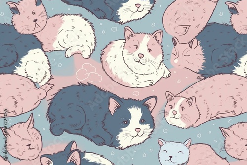 Illustration of a seamless pet pattern featuring a cat and hamster sleeping on a dog. Sweet dreams of furry best friends on a pink pillow with a blue background. Generative AI