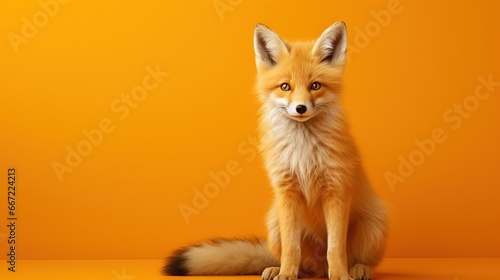  a little fox sitting on top of a table next to an orange wall.  generative ai