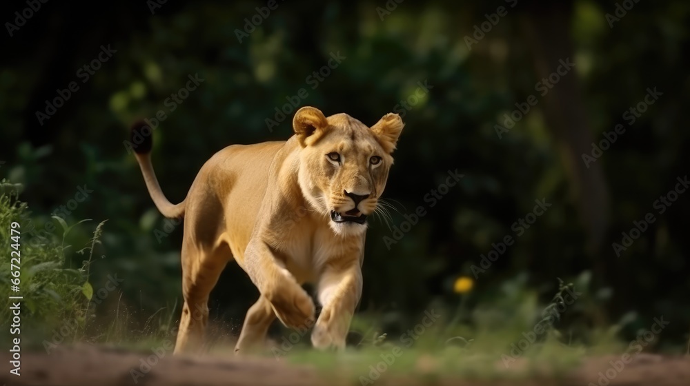 Obraz premium Lioness running in the forest. Wildlife scene from nature.