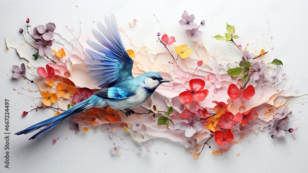  a blue bird sitting on top of a bunch of flowers.  generative ai - obrazy, fototapety, plakaty 