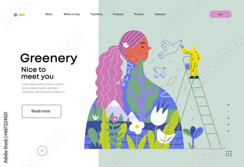 Greenery, ecology -modern flat vector concept illustration of a man painting a mural of a woman, composed with landscape. Metaphor of environmental sustainability and protection, closeness to nature