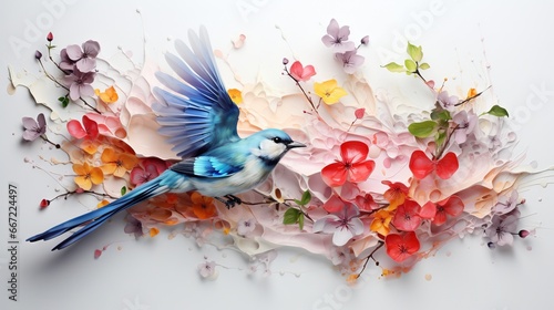  a blue bird sitting on top of a bunch of flowers.  generative ai photo