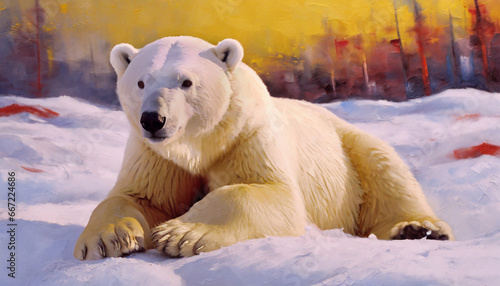 Polar bear on snow, oil painting