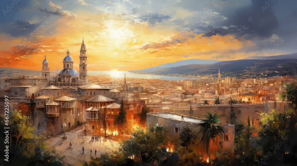 oil painting on canvas, View of Toledo Cathedral at sunrise, Spain.
