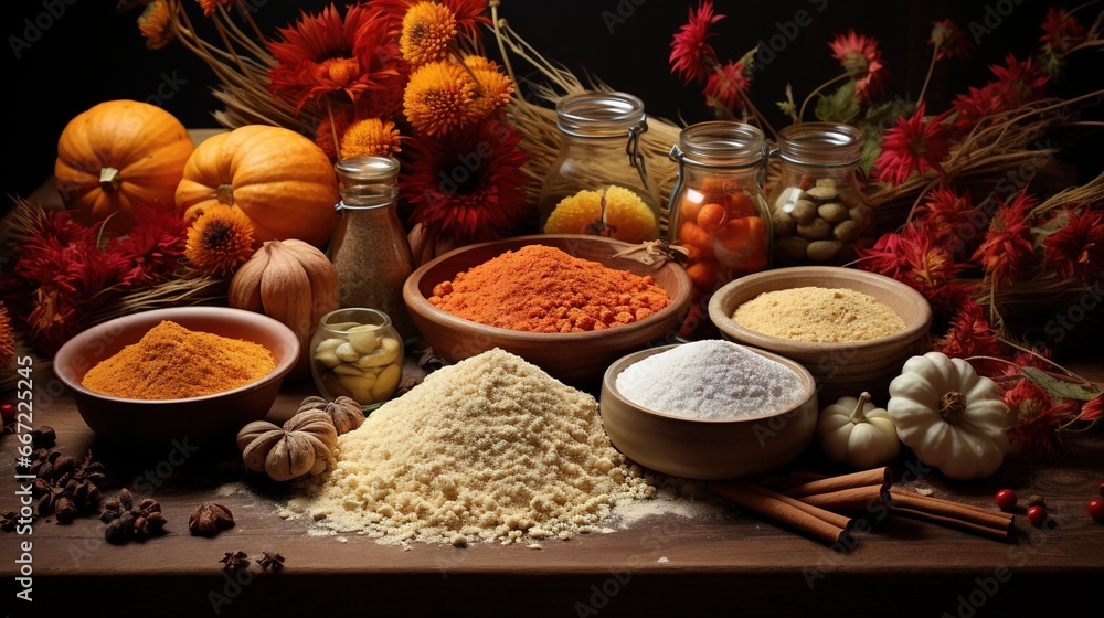 a wooden table topped with bowls of food and a bunch of pumpkins. generative ai a wooden table topped with bowls of food and a bunch of pumpkins. generative ai