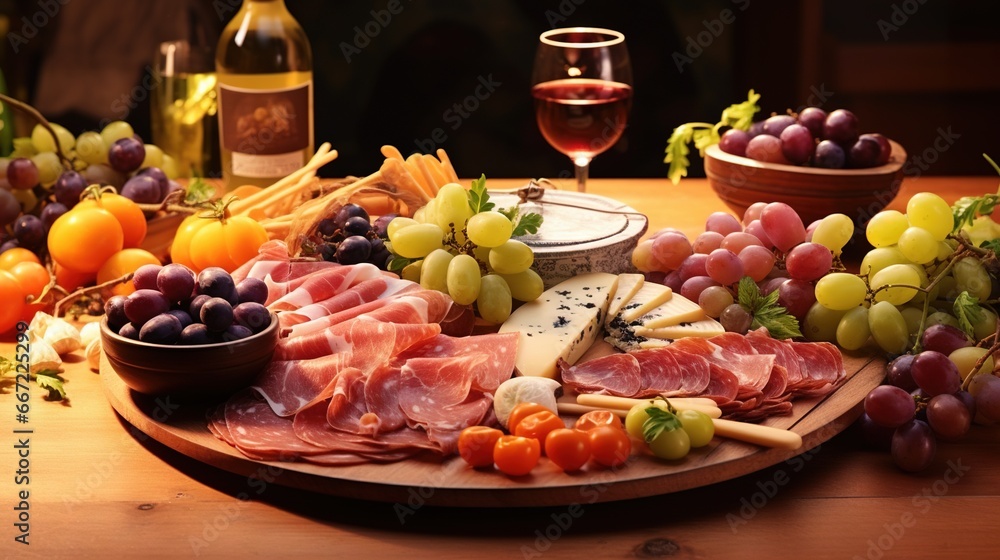  a wooden table topped with a plate of food and a glass of wine.  generative ai