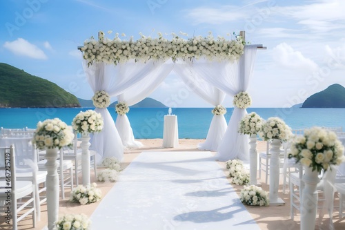 Beautiful beach wedding decor with white decorated chairs and reception stage
