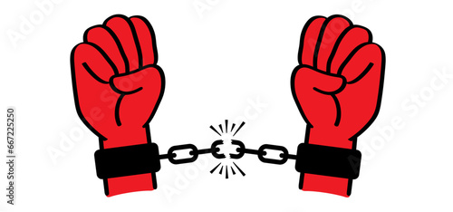 Human Rights Day. Chain of slavery, hand in handcuffs. Broken, chained, handcuffed hands. Slave iron, prisoner, problems, convict, freedom, debt, addiction liberty, liberation, slavery concept. Shackl