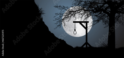 Gallows with rope noose. Line pattern. Rope loop. Gallows hanging noose rope and tied knot. Rope knotted in noose. Hangman knot. Halloween, dead icon. support and depression therapy suicide concept.