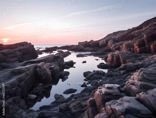 Beautiful seascape with rocks and sea at sunset. 3d rendering
