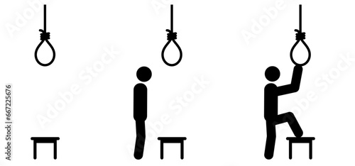 Suicide by hanging. Gallows with rope noose. Rope loop. Gallows hanging noose rope and tied knot. Rope knotted in noose. Hangman knot. Suport and depression therapy suicide concept.