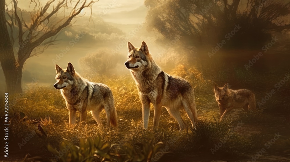 Group of wolves sitting at the edge of a river in the morning