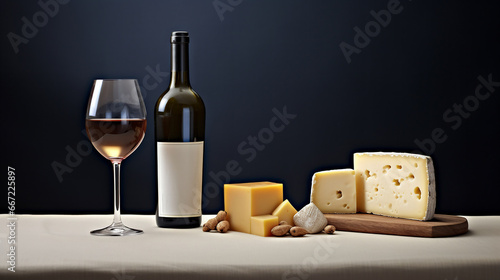 Glass of wine with a bottle, nuts, cheese on a wooden tray. Navy blue background. Copy space. Generative Al.