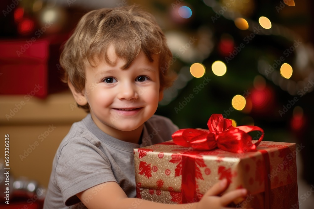 A little boy holding a christmas present in front of a christmas tree. Generative AI. A little boy holding a christmas present in front of a christmas tree. Generative AI.