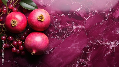  three pomegranates on a marble surface with leaves. generative ai