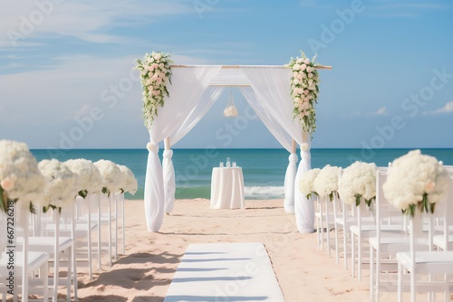 Beautiful beach wedding decor with white decorated chairs and reception stage photo