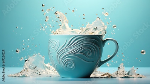  a blue coffee cup with water splashing out of it. generative ai