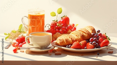  a plate of fruit, a cup of coffee and a croissant.  generative ai