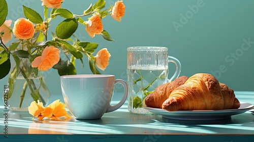  a table topped with a cup of coffee and a croissant.  generative ai