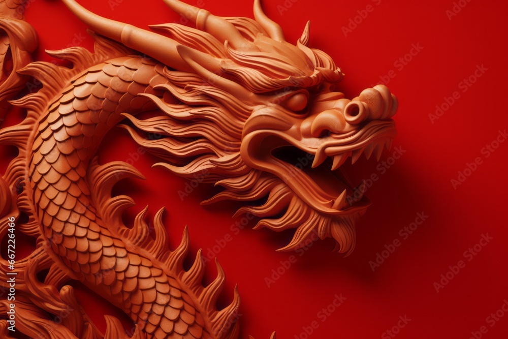 Festive New Year's background with a red wooden dragon. The symbol of the new year 2024. Festive New Year's background with a red wooden dragon. The symbol of the new year 2024.