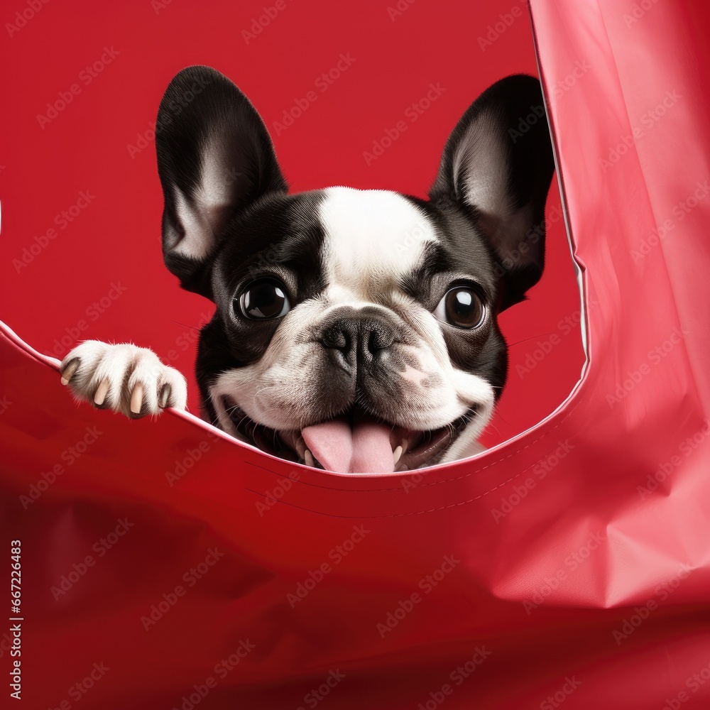 French bulldog peeking out of a red shopping bag on a red background