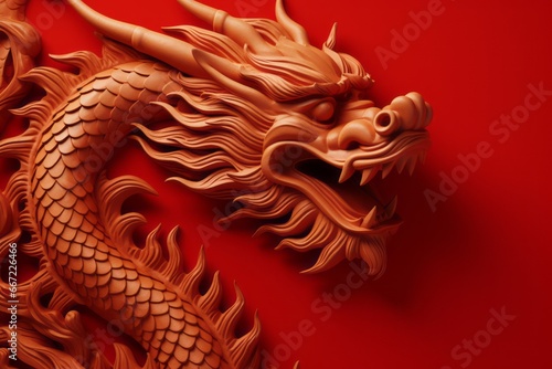 Festive New Year s background with a red wooden dragon. The symbol of the new year 2024.