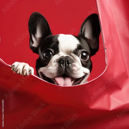 French bulldog peeking out of a red shopping bag on a red background