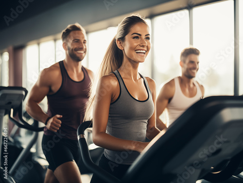 Group of people at gym exercising their legs doing cardio training photo