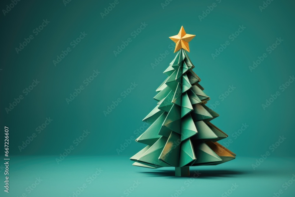 an origami paper christmas tree on studio background, christmas postcard photo an origami paper christmas tree on studio background, christmas postcard photo