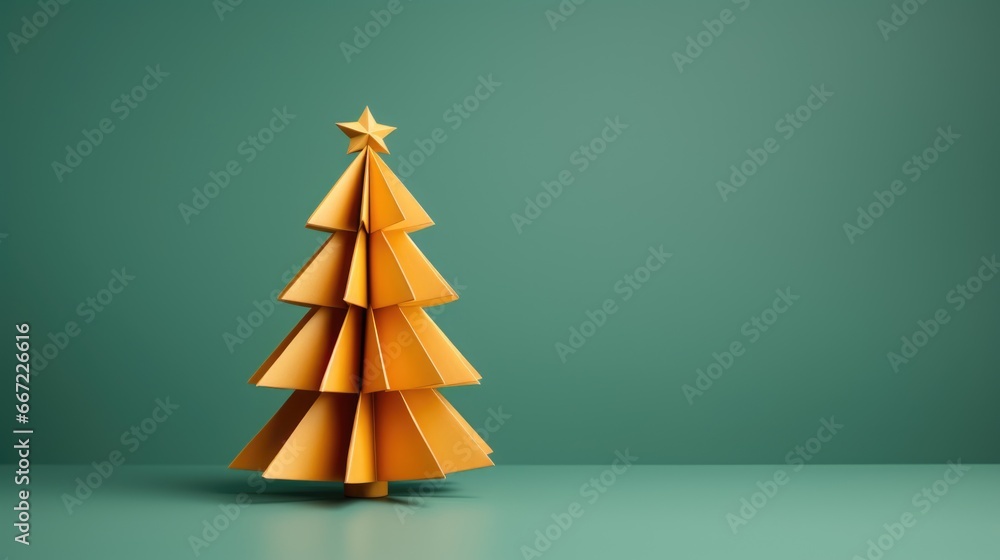 an origami paper christmas tree on studio background, christmas postcard photo