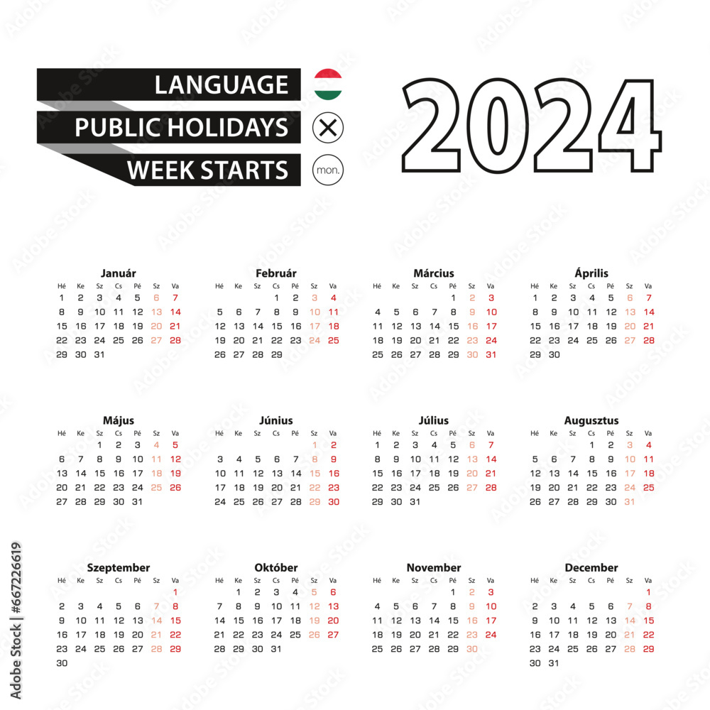 Calendar 2024 in Hungarian language, week starts on Monday.