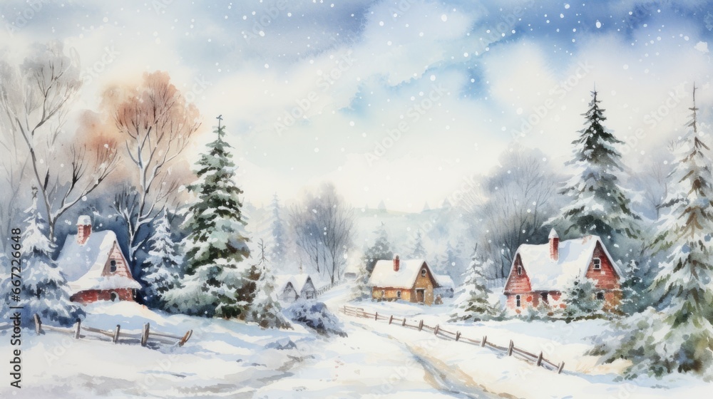 Naklejka premium watercolor christmas village in snow, christmas postcard illustration
